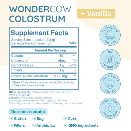 WonderCow Colostrum Powder Vanilla | Gut Health, Immunity & Muscle Recovery, 30 Servings