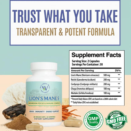 Wellness Wise Naturals Lion's Mane 5-Mushroom Complex – Focus & Immune Support | 60 Count