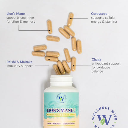 Wellness Wise Naturals Lion's Mane 5-Mushroom Complex – Focus & Immune Support | 60 Count