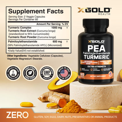 X Gold Health Pea PEA + Turmeric Curcumin Complex – 1600mg Micronized, 99% PEA & 95% Curcuminoids – Joint Support, Mobility & Comfort – Made in USA