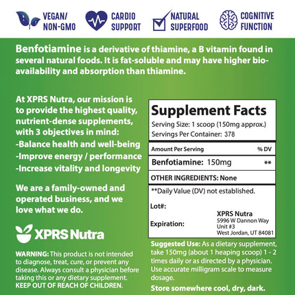 XPRS Nutra Benfotiamine (Thiamine) – Fat-Soluble B1 for Cognitive Health, Vegan, 2 Oz