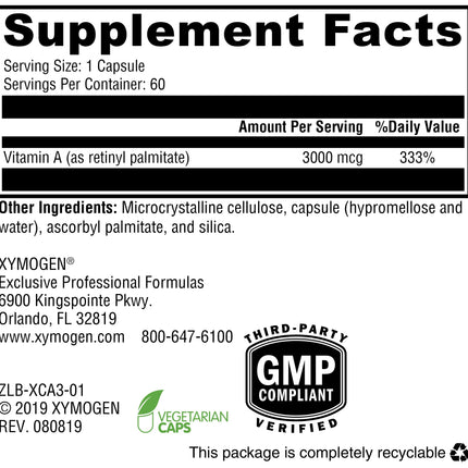 XYMOGEN Xcellent A 3000–10,000 IU Vitamin A (Retinyl Palmitate) - Immune & Skin Support, 60 Capsules Pack of 2