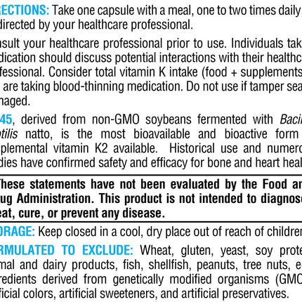 XYMOGEN K2-45 Vitamin K2 MK-7 - Non-GMO Soybeans - Most Bioavailable - 60 Capsules