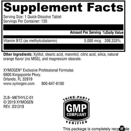 XYMOGEN Methylcobalamin 5,000 mcg – Vitamin B12 Supplement for Methylation, Neurological Health & Immunity (120 Tablets)