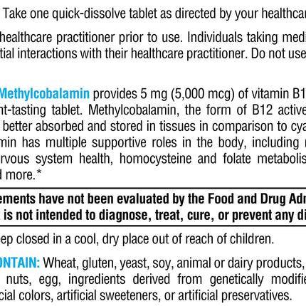 XYMOGEN Methylcobalamin 5,000 mcg – Vitamin B12 Supplement for Methylation, Neurological Health & Immunity (120 Tablets)