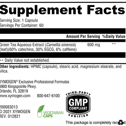 XYMOGEN Green Tea 600 - Ultra Pure Green Tea Extract Capsules - Immune Support, Heart & Brain Health | Gluten Free, Vegan, Non-GMO | 60 Capsules