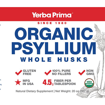 Yerba Prima Organic Psyllium Whole Husks - 20 oz Colon Cleanser | Regularity, Detox, Gluten Free, Non-GMO, Vegan