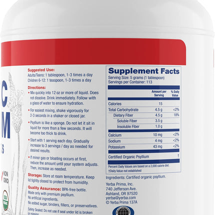 Yerba Prima Organic Psyllium Whole Husks - 20 oz Colon Cleanser | Regularity, Detox, Gluten Free, Non-GMO, Vegan