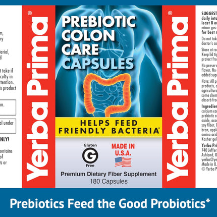 Yerba Prima Prebiotic Colon Care Capsules - 180 Caps, 2 Pack | Non-GMO, Keto Friendly