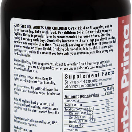 Yerba Prima Psyllium Husks Caps – 180 Caps (Pack of 3) Non-GMO Gluten Free Fiber