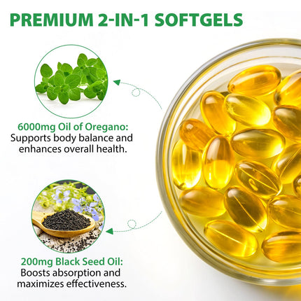 YIEEGCM Wild Oregano Oil Softgels with Black Seed Oil – 6,000mg/Serving, 120 Caps | Plant-Based, Non-GMO, High Carvacrol