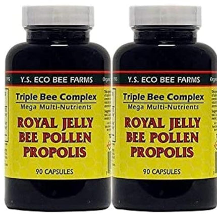 YS Organics Triple Bee Complex - Royal Jelly, Bee Pollen & Propolis - 90 Caps - 2 Pack