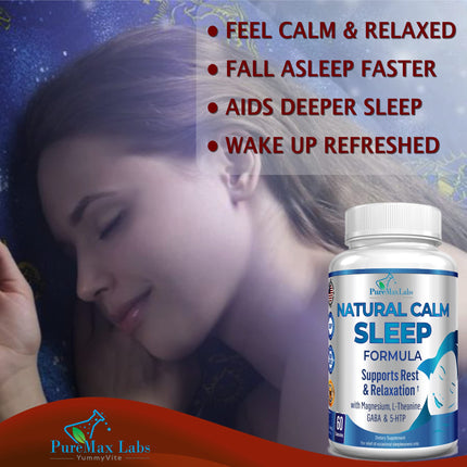 YUMMYVITE Natural Calm Sleep Aid – Magnesium, L-Theanine, Melatonin | 60 Capsules (Pack of 2) Non-GMO