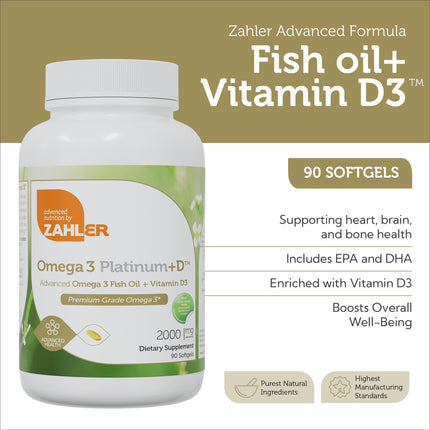 Zahler Omega 3 Platinum +D Burpless Fish Oil Softgels | Highest EPA & DHA, Kosher, 90 Softgels