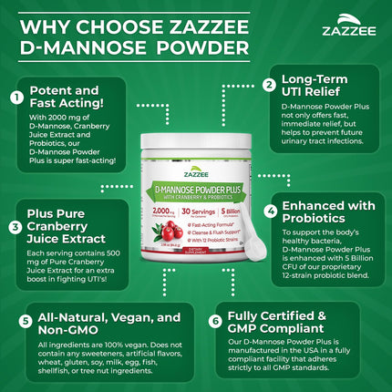 Zazzee D-Mannose Powder Plus – 2000 mg, Probiotics, Cranberry, 30 Servings
