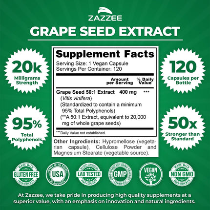 Zazzee Grape Seed Extract 50:1 – 120 Vegan Capsules | 95% Polyphenols