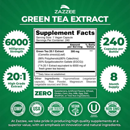 Zazzee Extra Strength Green Tea 20:1 Extract – 6000 mg, 8-Month Supply, 240 Vegan Capsules, 50% EGCG, 98% Polyphenols