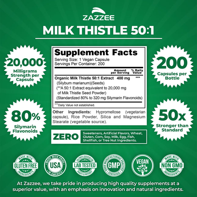 Zazzee Organic Milk Thistle 50:1 Extract – 20,000 mg Strength, 200 Capsules, 80% Silymarin, 6-Month Supply
