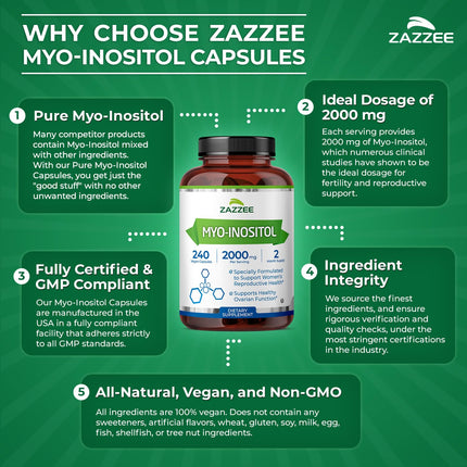 Zazzee Myo-Inositol Capsules - 2000 mg per Serving, 240 Vegetarian Capsules, 40:1 Ratio for Hormone Balance & Ovarian Support