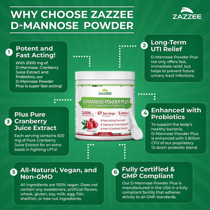 Zazzee D-Mannose Powder Plus 2000 mg | 67 Servings | Probiotics + Cranberry Extract | Kosher, Gluten-Free, Non-GMO