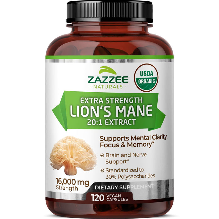 Zazzee USDA Organic Lion's Mane 20:1 Extract – 16,000 mg per Capsule, 120 Vegan Capsules, Made in USA