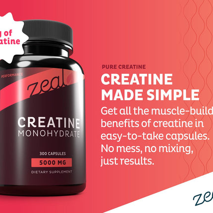 Zeal Creatine Monohydrate - 300 Capsules, Unflavored | Creatine Supplement