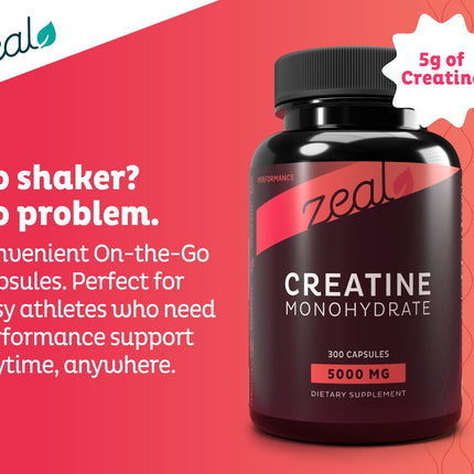 Zeal Creatine Monohydrate - 300 Capsules, Unflavored | Creatine Supplement