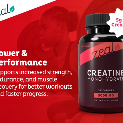 Zeal Creatine Monohydrate - 300 Capsules, Unflavored | Creatine Supplement