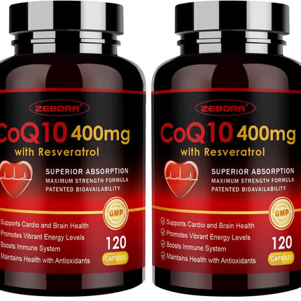 ZEBORA CoQ10-400mg with Trans-Resveratrol, PQQ & Vitamin E — High-Absorption CoQ10 with BioPerine, 2-Pack Veggie Capsules