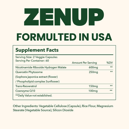 ZenUP NAD+ Supplement | 1100mg Liposomal NR with Resveratrol & Quercetin | Energy & Skin Support | 120 Caps