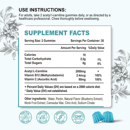 Zetelixia 2 Pack Sugar Free Acetyl L-Carnitine Gummies – Energy, Brain & Heart Health (Vegan, Non-GMO) 120 Count