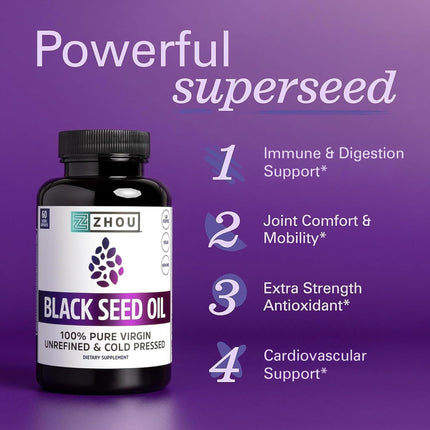ZHOU Black Seed Oil & Capsules – Pure Nigella Sativa, Cold Pressed, 8 oz + 60 Capsules