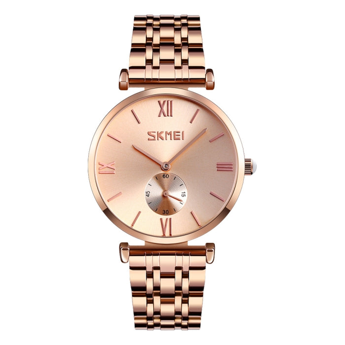 SKMEI 9198 Simple Roman Numeral Dial Metal Belt Quartz Watch for Couples(Rose Gold Men)