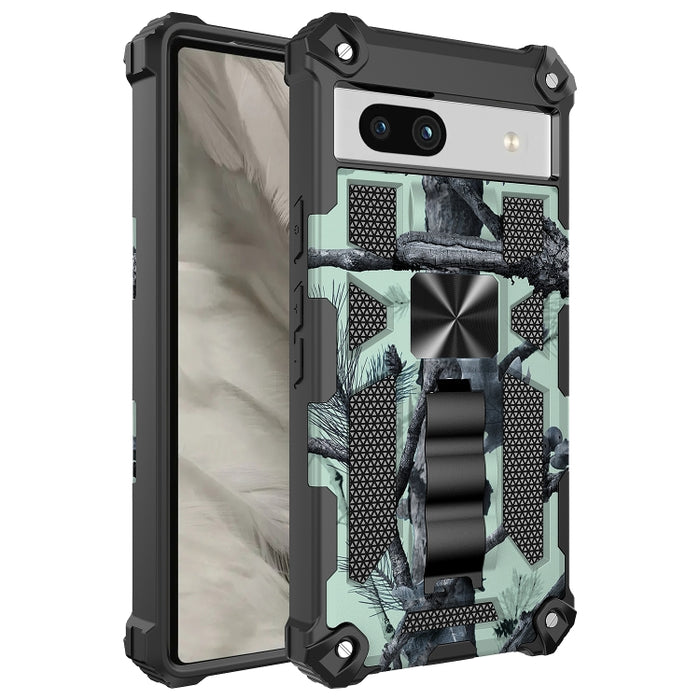 For Google Pixel 7a Camouflage Armor Kickstand TPU  PC Magnetic Phone Case(Mint Green)