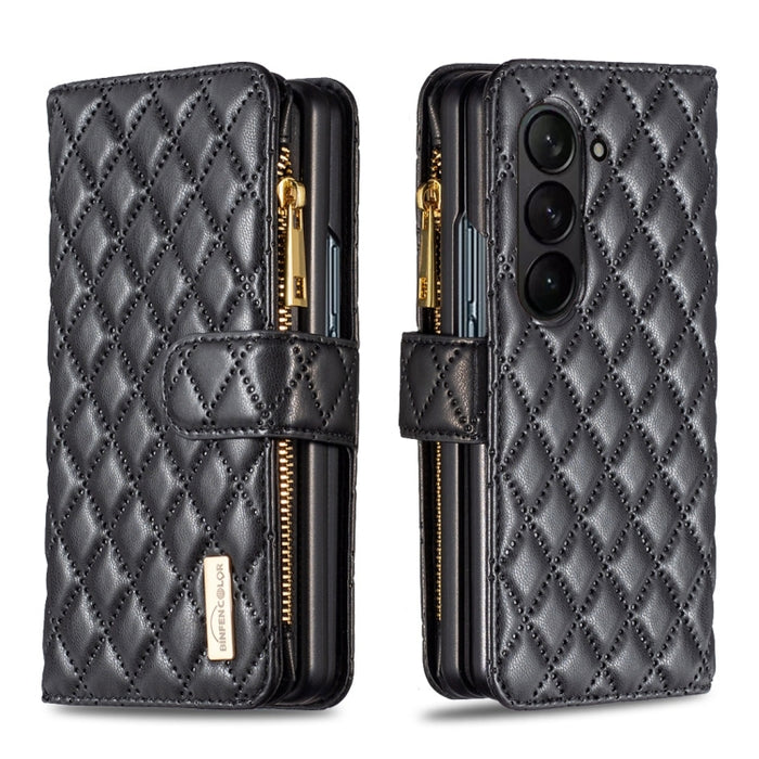 For Samsung Galaxy Z Fold5 Diamond Lattice Zipper Wallet Leather Flip Phone Case(Black)
