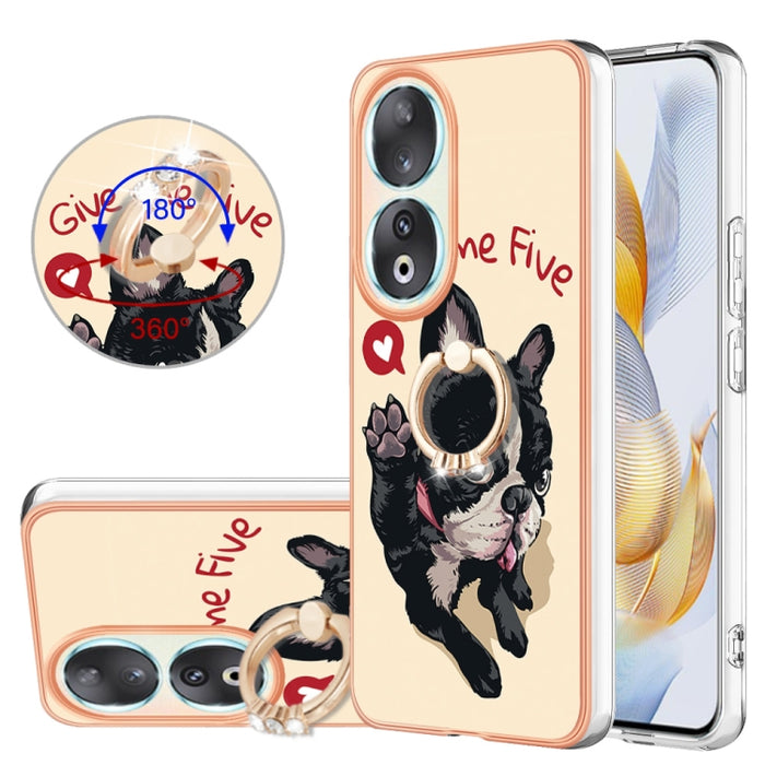 For Honor 90 5G Electroplating Dual-side IMD Phone Case with Ring Holder(Lucky Dog)