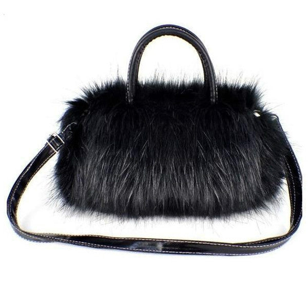 Fashion Lady PU Leather Synthetic Fur Handbag Shoulder Bag (Black)